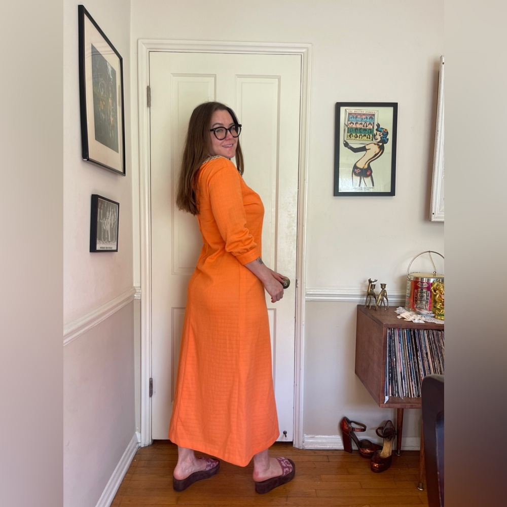 60s-70s Vintage Orange Maxi Dress with Beaded Neckline - Picture 3 of 8